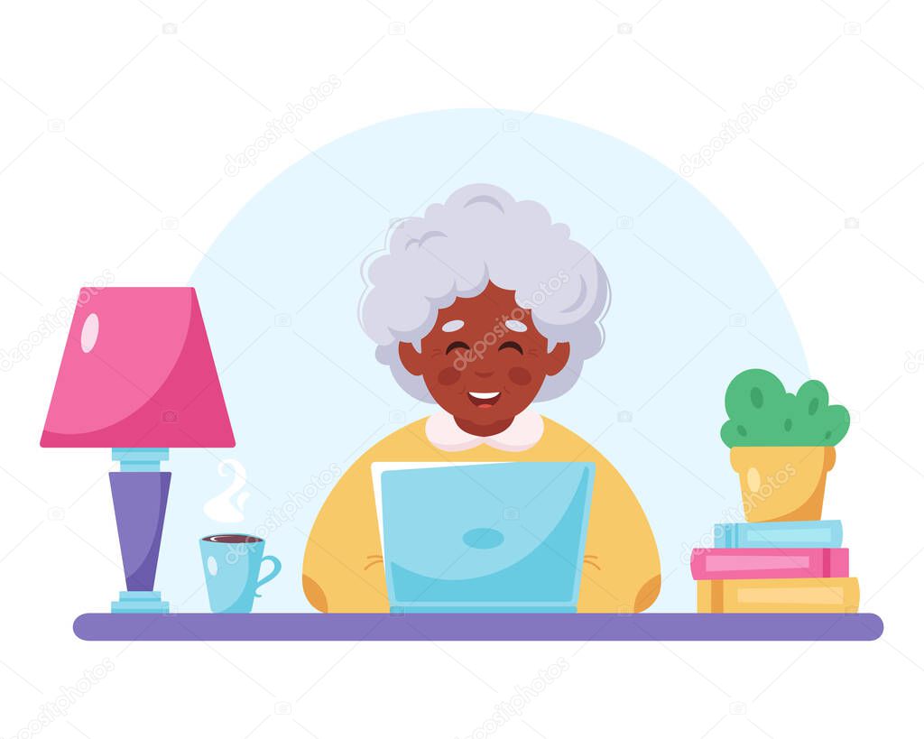 Grandma sitting with laptop. Old black woman using computer. Modern technology and old people. Vector illustration
