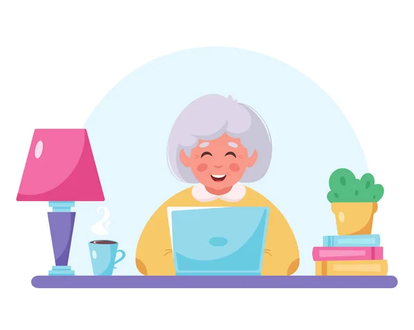 Бабуся сидить з ноутбуком. Стара жінка користується комп'ютером. Сучасні технології і старі люди. Приклад вектора — стоковий вектор