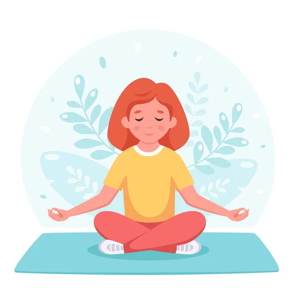 Chica meditando en pose de loto. Gimnasia, yoga y meditación para niños. Ilustración vectorial — Archivo Imágenes Vectoriales