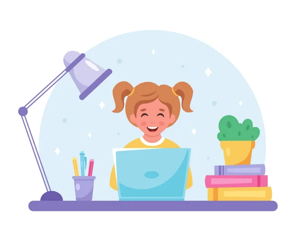 Menina estudando com computador. Aprendizagem online, de volta ao conceito de escola. Ilustração vetorial — Vetor de Stock