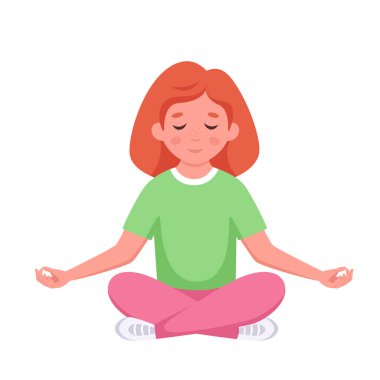 Lotus pozisyonunda meditasyon yapan bir kız. Yoga, çocuklar için meditasyon.