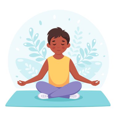 Çocuk nilüfer çiçeği pozunda meditasyon yapıyor. Çocuklar için jimnastik, yoga ve meditasyon. Vektör illüstrasyonu