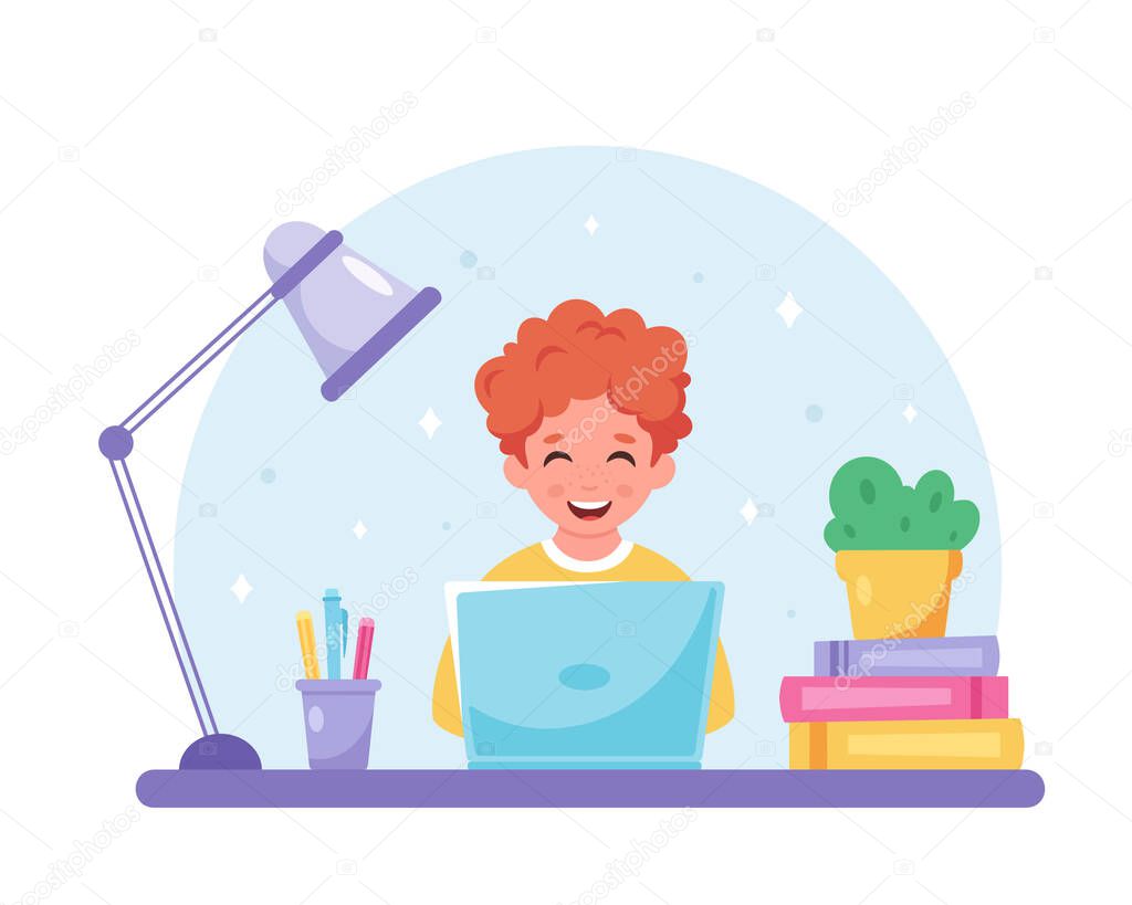 Red head boy studying with computer. Online learning, back to school concept. Vector illustration