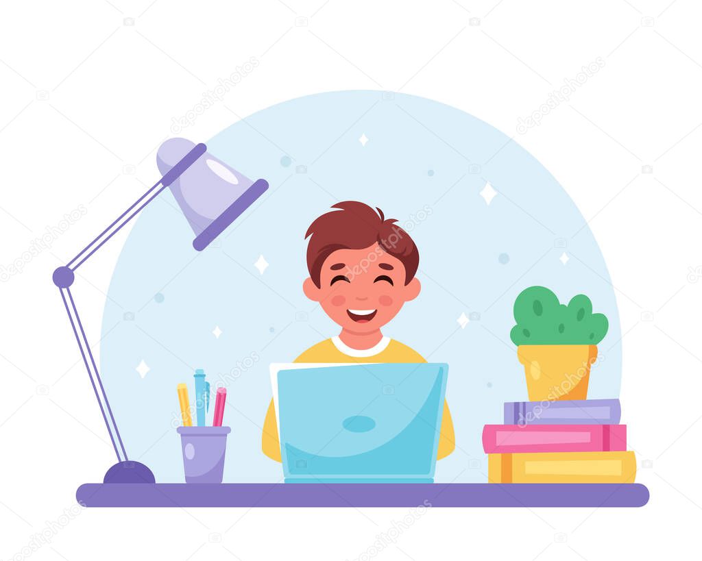 Boy studying with computer. Online learning, back to school concept. Vector illustration