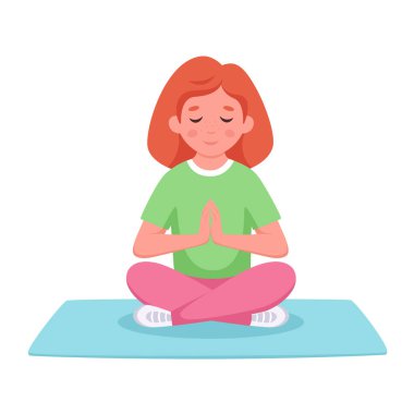 Lotus pozunda meditasyon yapan bir kız. Çocuklar için jimnastik, yoga ve meditasyon. Vektör illüstrasyonu