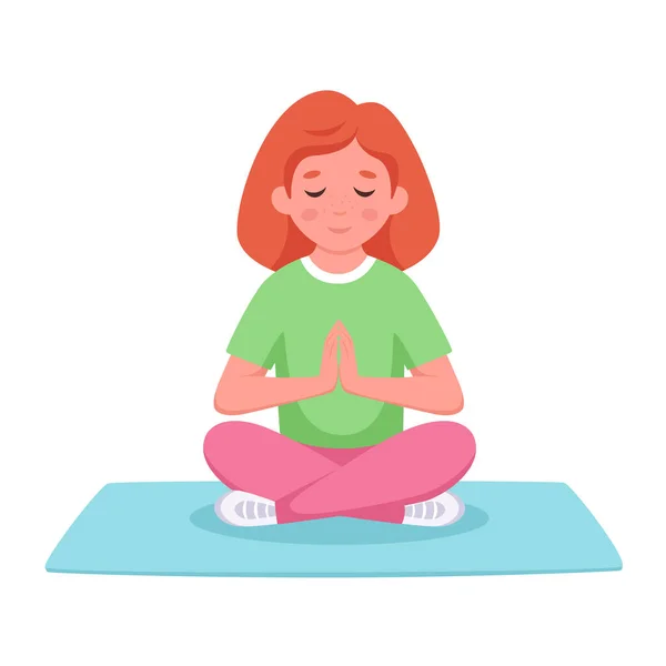 Девушка медитирует в позе лотоса. Гимнастика, йога и медитация для детей. Векторная иллюстрация — стоковый вектор