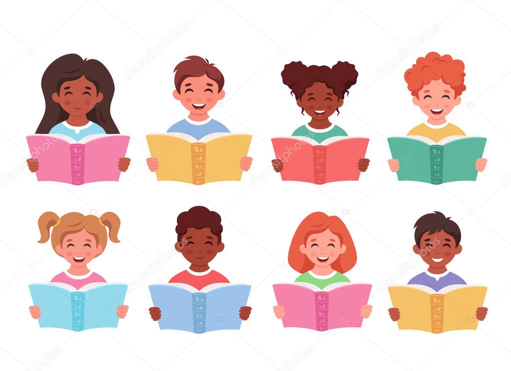 Children reading books. Little boys and girls of different nationalities with books. Vector illustration