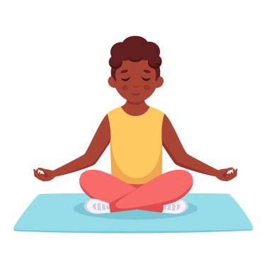 Siyahi çocuk nilüfer çiçeği pozunda meditasyon yapıyor. Çocuklar için beden eğitimi, yoga ve meditasyon