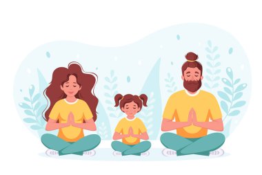 Aile yoga yapıyor, meditasyon yapıyor. Aile birlikte vakit geçiriyor. Vektör illüstrasyonu