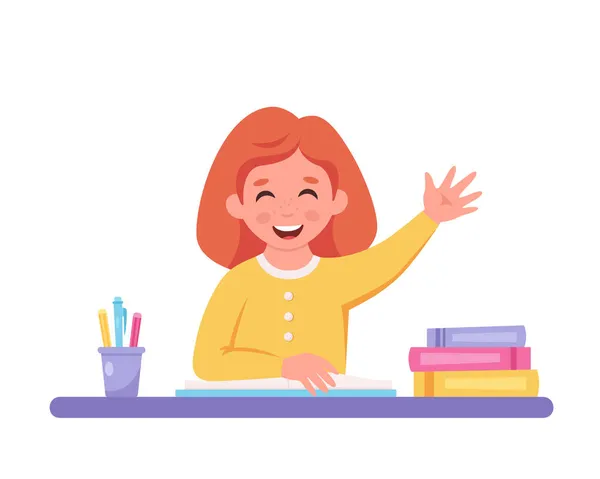 Girl raising hand to answer. Child sitting at a desk with school supplies. Elementary school student. Vector illustration — Stock Vector