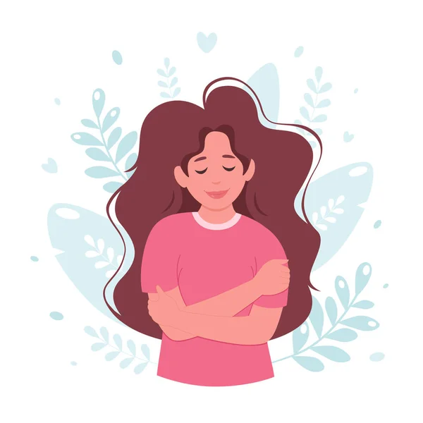 Ama tu concepto. Mujer abrazándose, amor propio, cuerpo positivo. Ilustración vectorial — Archivo Imágenes Vectoriales