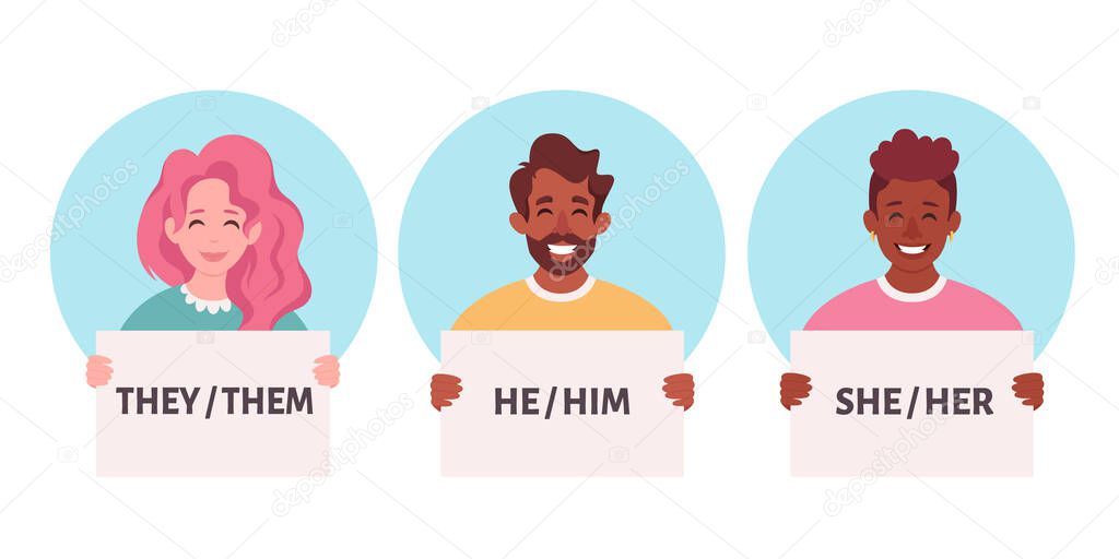 People holding sign with gender pronouns. She, he, they, non-binary. Gender-neutral movement. Vector illustration