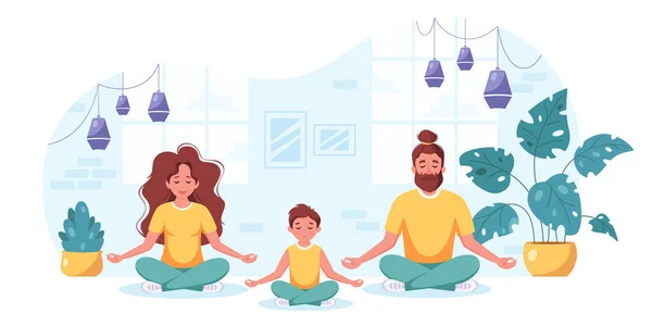 Família fazendo ioga, meditação em interior acolhedor. Família a passar tempo juntos. Ilustração vetorial — Vetor de Stock