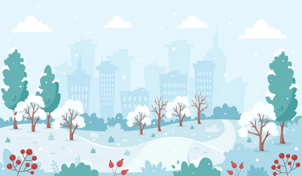 Snowy winter park on city background. Winter landscape. Vector illustration. — Stock Vector