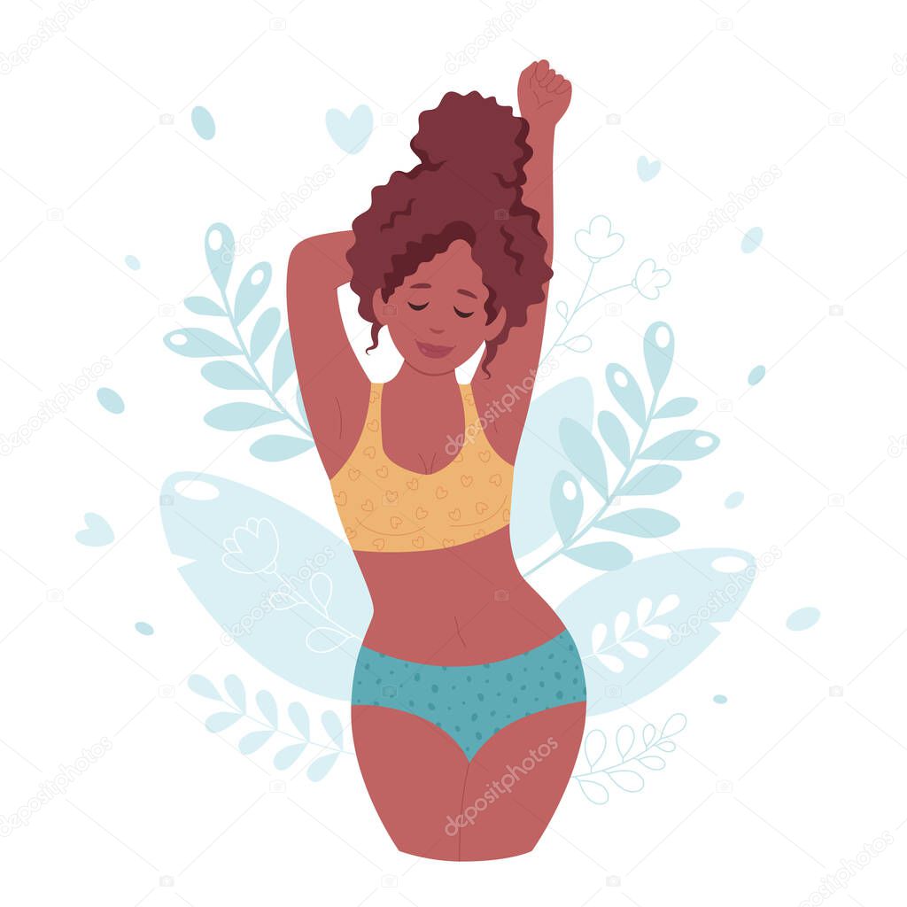 Black woman in underwear. Body positive, self love, self care concept. Vector illustration