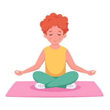Küçük çocuk nilüfer çiçeği pozunda meditasyon yapıyor. Yoga ve çocuklar için meditasyon. Vektör illüstrasyonu