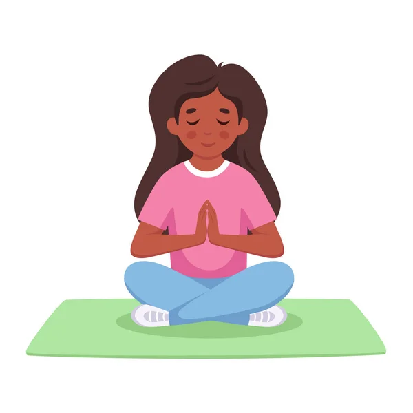 Lotus pozunda meditasyon yapan bir kız. Çocuklar için jimnastik, yoga ve meditasyon. Vektör illüstrasyonu — Stok Vektör