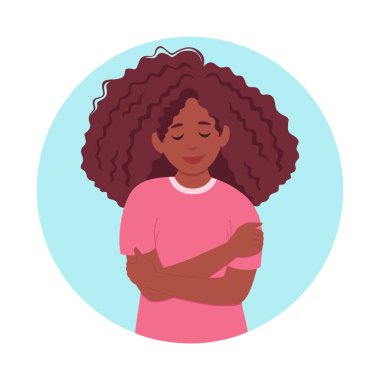 Kendini sev konsepti. Siyah kadın kendini kucaklıyor, kendini seviyor, vücut pozitifliği var. Vektör illüstrasyonu