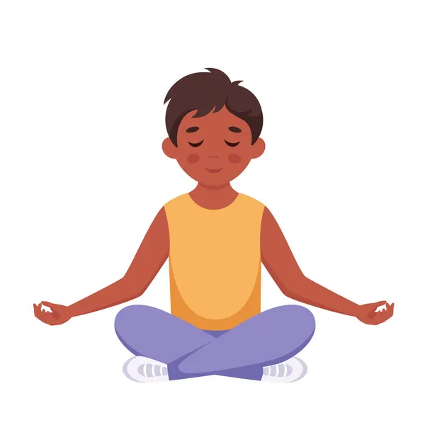 Chłopiec medytujący w pozycji lotosu. Gimnastyka, joga i medytacja dla dzieci. Ilustracja wektora — Wektor stockowy