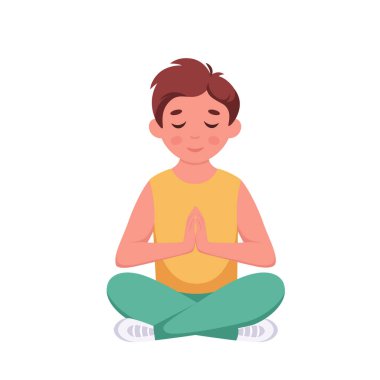 Küçük çocuk nilüfer çiçeği pozunda meditasyon yapıyor. Jimnastik, çocuklar için meditasyon. Vektör illüstrasyonu