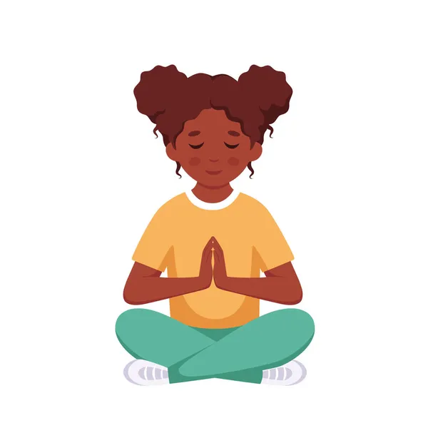 Siyah kız nilüfer çiçeği pozunda meditasyon yapıyor. Jimnastik, çocuklar için meditasyon. Vektör illüstrasyonu — Stok Vektör