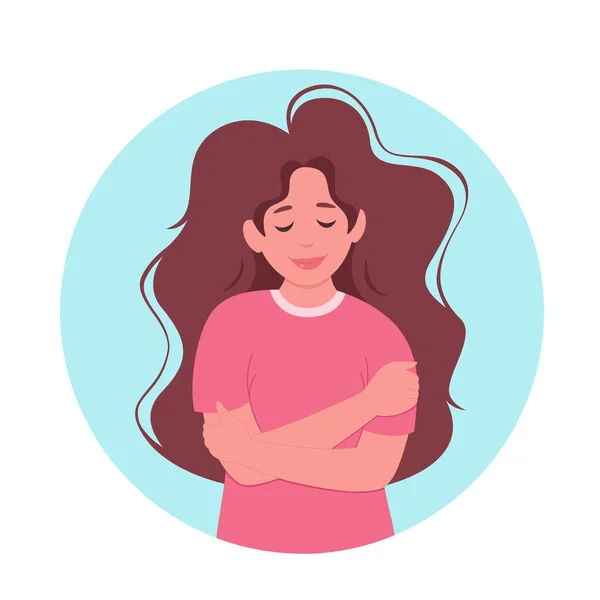 Ama tu concepto. Mujer abrazándose, amor propio, cuerpo positivo. Ilustración vectorial — Archivo Imágenes Vectoriales