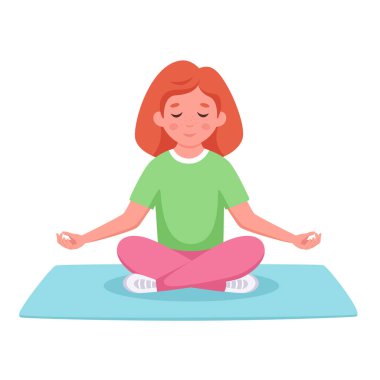 Lotus pozunda meditasyon yapan bir kız. Çocuklar için jimnastik, yoga ve meditasyon. Vektör illüstrasyonu