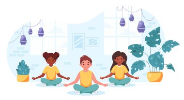 Nilüfer çiçeği pozunda meditasyon yapan farklı milletlerden çocuklar. Çocuklar için jimnastik, yoga ve meditasyon