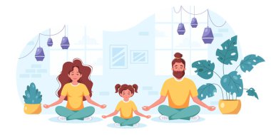 Aile yoga yapıyor, içten içe meditasyon yapıyor. Aile birlikte vakit geçiriyor.