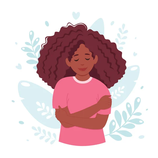 Kendini sev konsepti. Siyahi kadın kendini kucaklıyor, kendini seviyor, vücudu pozitif.