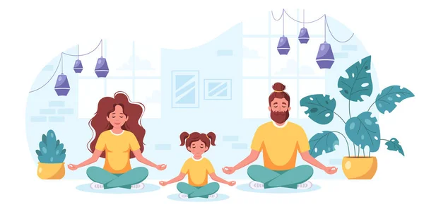 Familia Haciendo Yoga Meditación Interior Acogedor Familia Pasar Tiempo Juntos — Vector de stock