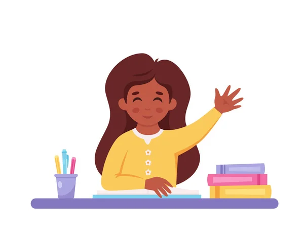 Kız Cevap Vermek Için Elini Kaldırıyor Okul Malzemeleriyle Masada Oturan — Stok Vektör