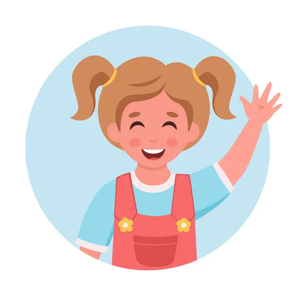 Little Girl Smiling Waving Hand Little Girl Portrait Circular Shape — Stock Vector