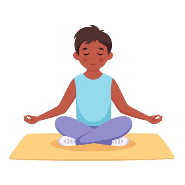 Çocuk nilüfer çiçeği pozunda meditasyon yapıyor. Çocuklar için jimnastik, yoga ve meditasyon. Vektör illüstrasyonu