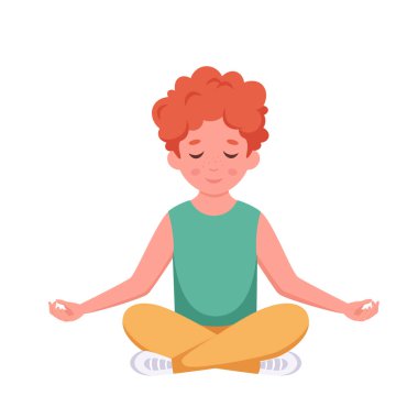 Küçük çocuk nilüfer çiçeği pozunda meditasyon yapıyor. Jimnastik, çocuklar için meditasyon. Vektör illüstrasyonu