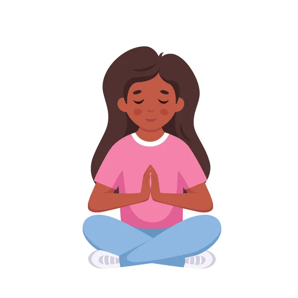 Küçük kız nilüfer çiçeği pozunda meditasyon yapıyor. Yoga ve çocuklar için meditasyon. Vektör illüstrasyonu — Stok Vektör