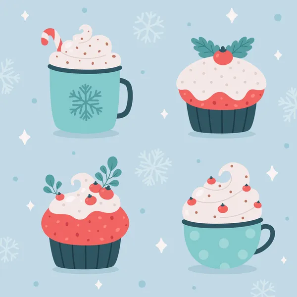 Keklerle birlikte sıcak Noel içeceği. Noel tatlıları. Vektör illüstrasyonu — Stok Vektör