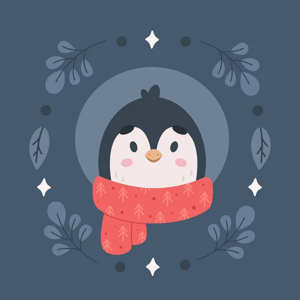 Χαριτωμένος πιγκουίνος με κασκόλ. Χριστουγεννιάτικα ζώα, χειμώνας. Εικονογράφηση διανύσματος — Διανυσματικό Αρχείο