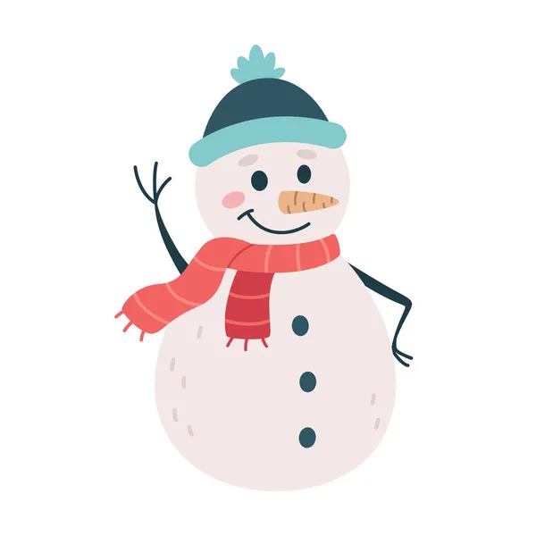 Pupazzo di neve con cappello e sciarpa che saluta mano. Elemento Natale e Capodanno. Illustrazione vettoriale — Vettoriale Stock