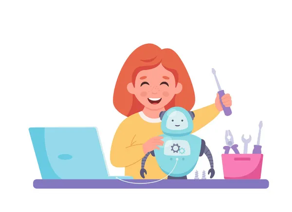 Gadis kecil membangun robot. Robotika, pemrograman dan teknik untuk anak-anak. Ilustrasi vektor - Stok Vektor