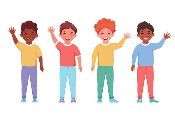Niños de diferentes nacionalidades sonriendo y saludando con las manos. Estudiantes de primaria. Ilustración vectorial — Vector de stock