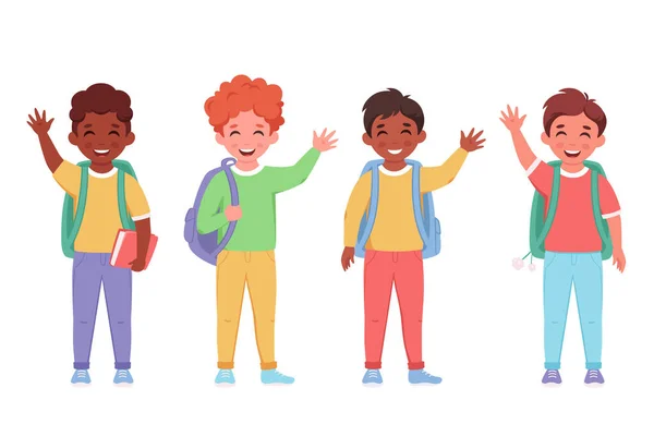 Children of different nationalities with backpacks and books. Kids going to school. Elementary school students. Vector illustration — Stock Vector