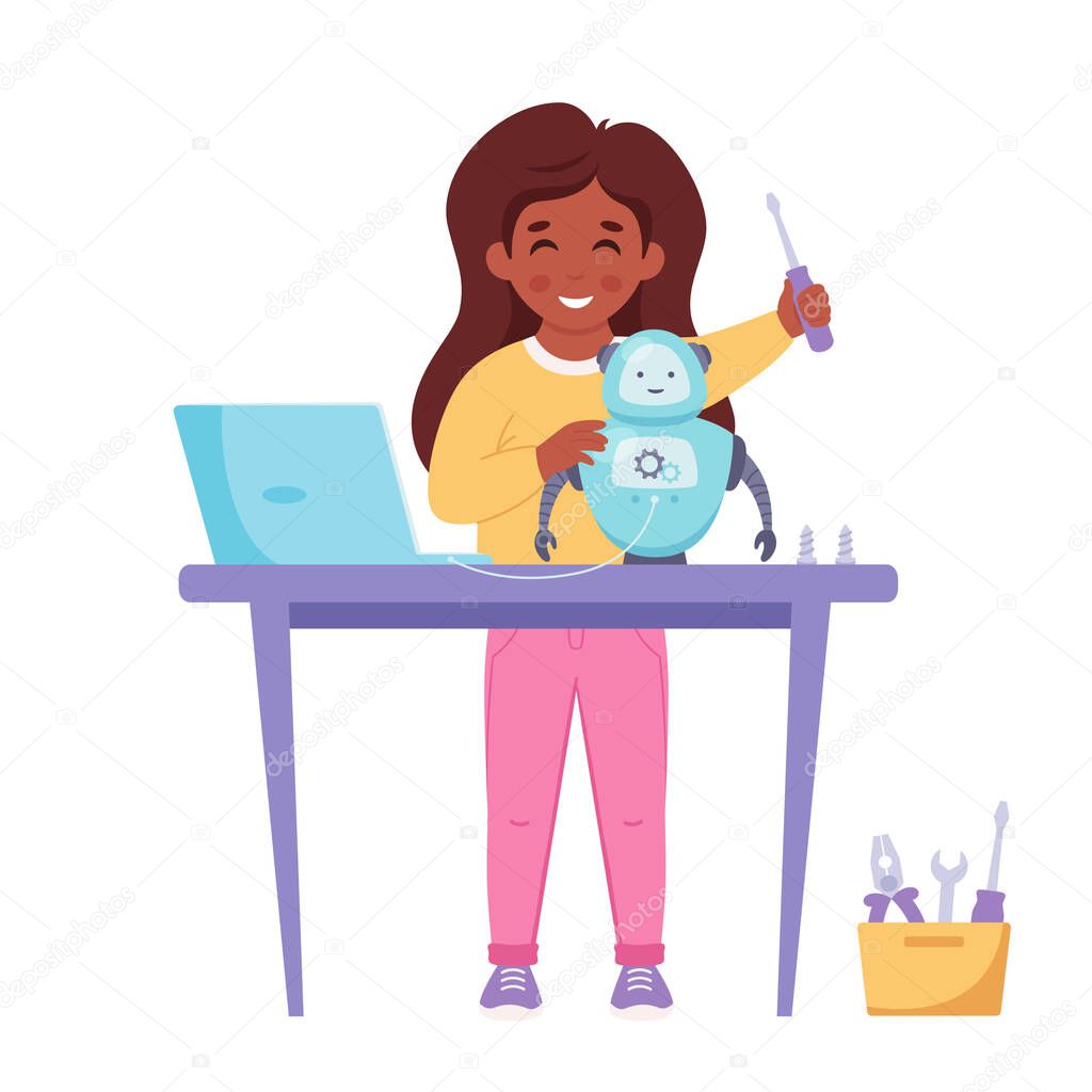 Little girl building a robot. Robotics, programming and engineering for kids. Vector illustration