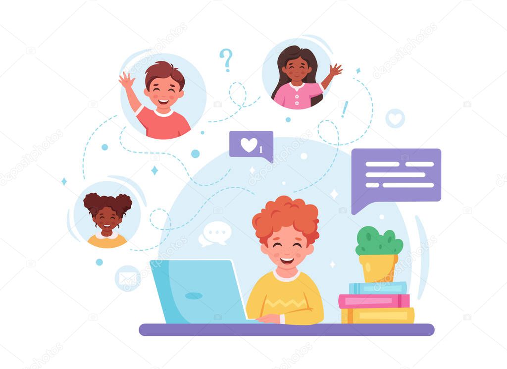 Children communicating online. Video call with friends, chatting online. Online studying, distance learning. Vector illustration