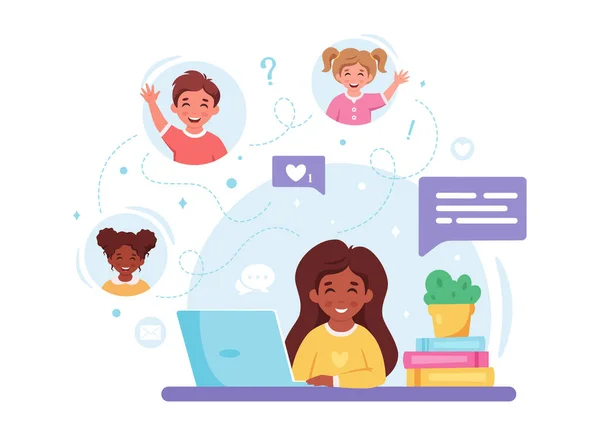 Děti Komunikují Online Video Hovor Přáteli Chatování Online Online Studium — Stockový vektor