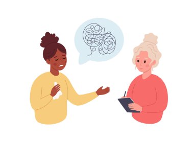 Kadın psikologla konuşuyor. Psikoloji terapisi, akıl sağlığı, depresyon. Vektör illüstrasyonu