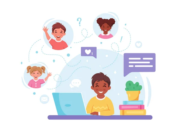 Crianças Comunicando Online Chamada Vídeo Com Amigos Conversando Online Estudo — Vetor de Stock