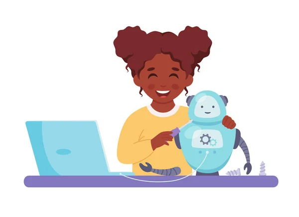 Uma Menina Negra Construir Robô Robótica Programação Engenharia Para Crianças —  Vetores de Stock