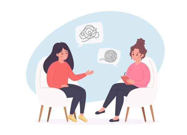 Kadın psikologla konuşuyor. Psikoloji terapisi, akıl sağlığı konsepti.