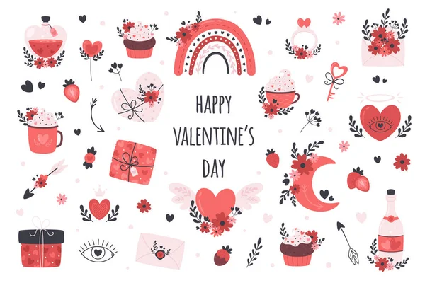 Día de San Valentín y colección de elementos románticos. Amor, boda, concepto de San Valentín. Ilustración vectorial — Vector de stock